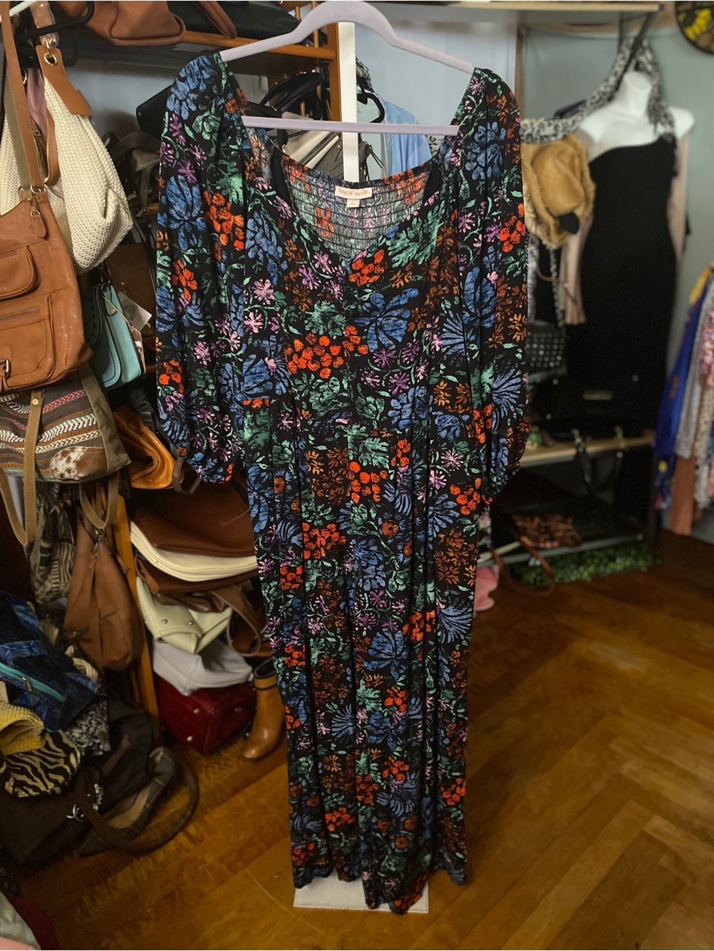 Knox Rose Black Floral Smocked Jumpsuit with Multicolor Blooms